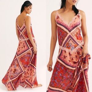 Free People Intimately slip dress-  Stevie floral lace trim maxi- boho print
